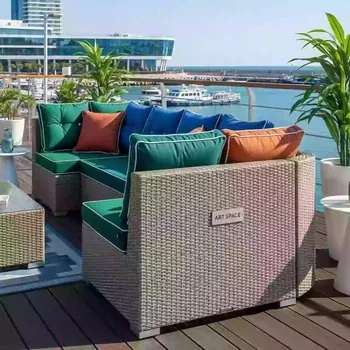 Аренда Диван угловой пластиковый плетеный с подушками Monaco Lounge Corner на территории Морпорта Сочи — ART SPACE