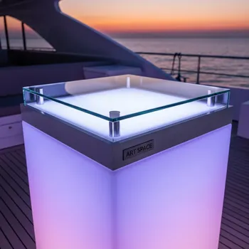 Аренда Стол витрина пластиковый светящийся со стеклом Splay Lighting на VIP теплоходе (Морпорт Сочи) — ART SPACE