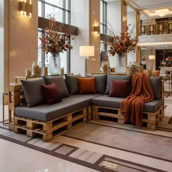 Аренда Диван паллетный угловой с серыми подушками в Swissôtel Resort Sochi Kamelia — ART SPACE