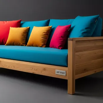 Аренда Диван двухместный Wood с разноцветными подушками в Boutique Hotel PORTUM 1905 — ART SPACE