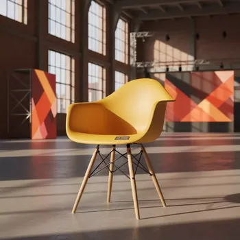 Аренда Стул пластиковый с подлокотниками Eames желтый каркас бук в Red Arena — ART SPACE