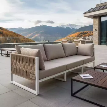 Аренда Диван 3 местный плетеный из роупа Касабланка каркас алюминий белый роуп бежевый ткань бежевая в Rixos Krasnaya Polyana — ART SPACE