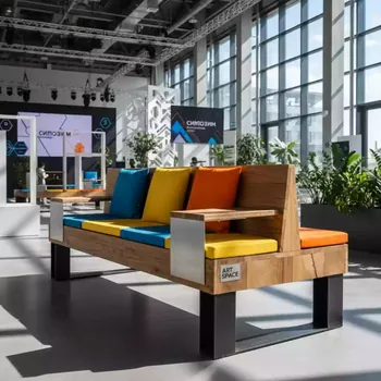 Аренда Скамейка деревянная с подушками и столиком Galleria в Omega Sirius — ART SPACE
