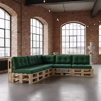 Аренда Диван из паллет угловой с зелеными подушками в лофте «Студия 21» — ART SPACE