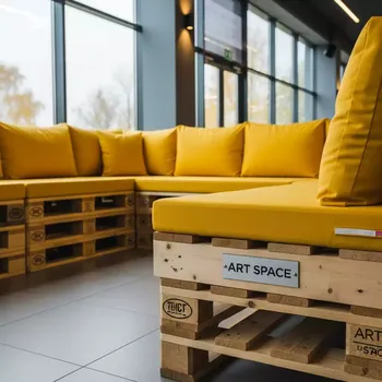Аренда Диван из паллет угловой с желтыми подушками в Radisson Collection Paradise — ART SPACE