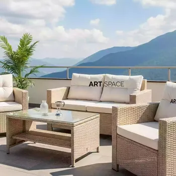 Аренда Мебельный комплект Дэйзи стол 2 кресла диван ротанг бежевый бежевые подушки в Гранд Отель Поляна — ART SPACE