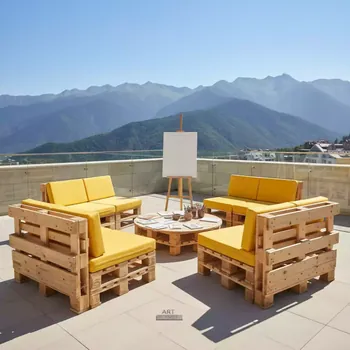 Аренда Диван модульный паллетный с желтыми подушками в Sochi Marriott Krasnaya Polyana — ART SPACE