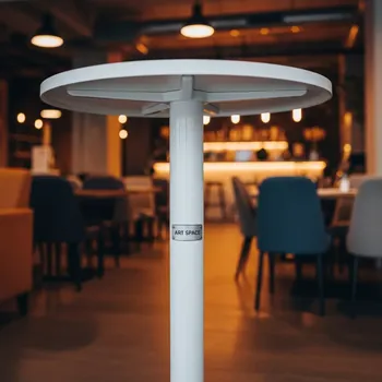 Аренда Стол коктейльный круглый № 1 белый пластик металл высота 110 см диаметр 80 см в ресторане «Сыроварня» — ART SPACE