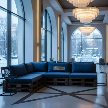 Аренда Диван модульный паллетный обожженный с синими подушками в Boutique Hotel PORTUM 1905 — ART SPACE