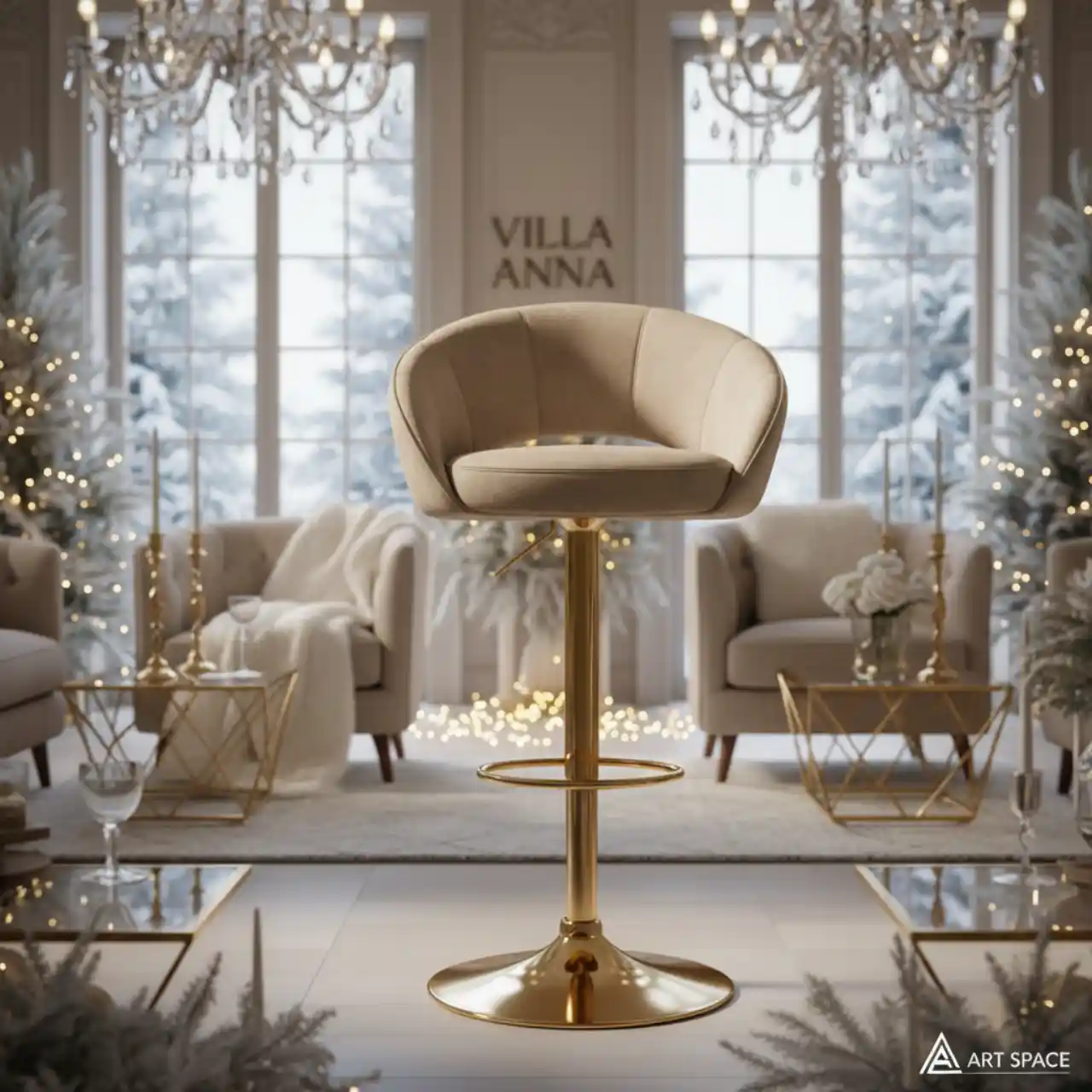 Табурет барный Кален бежевый велюр золотое основание