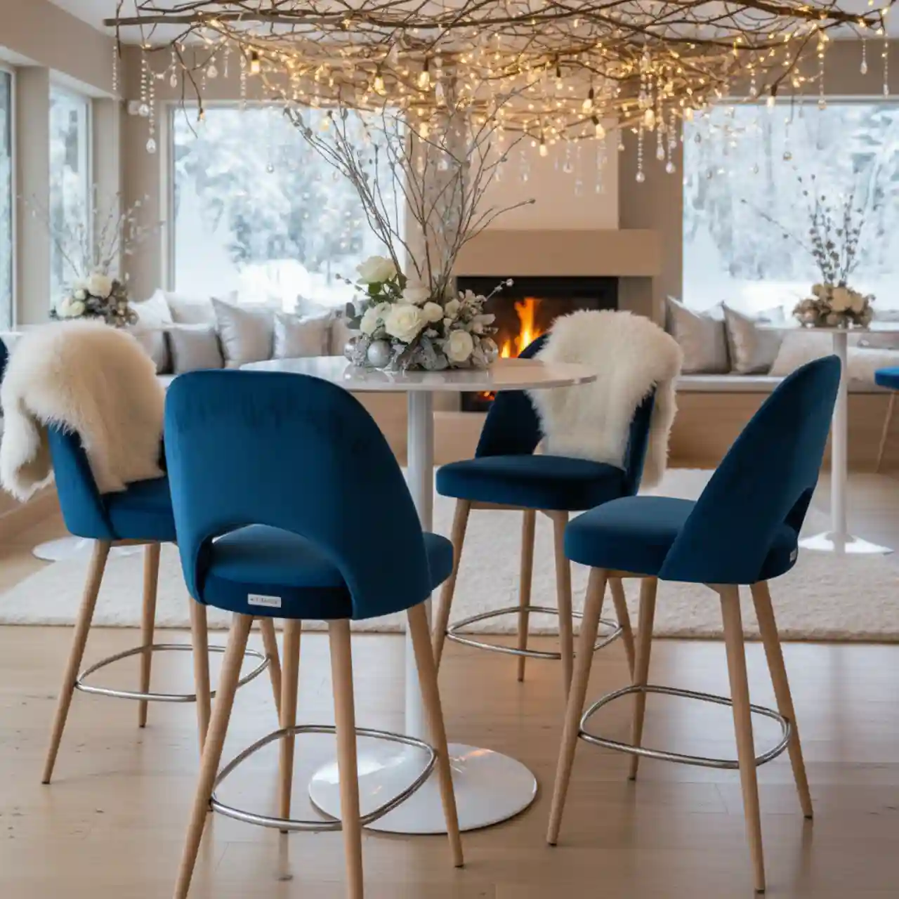 Стул Тюльпан полубарный велюр Bella синий ножки бежевые