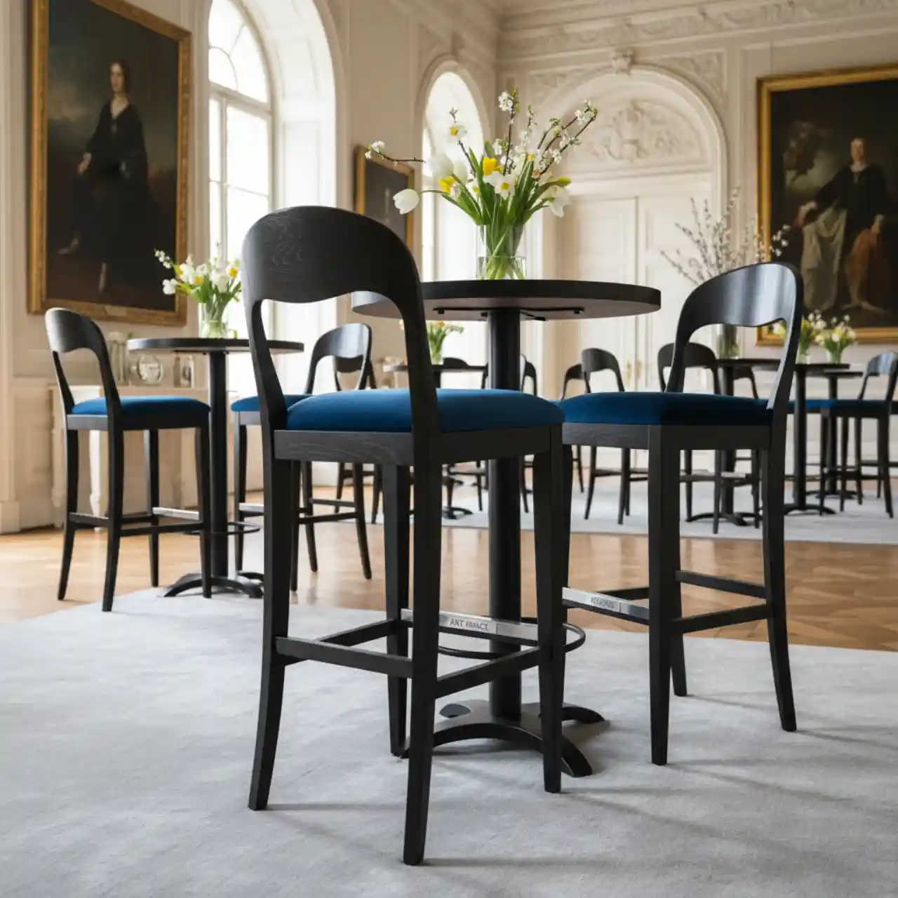 Стул полубарный Такер с подушкой синий велюр черная морилка