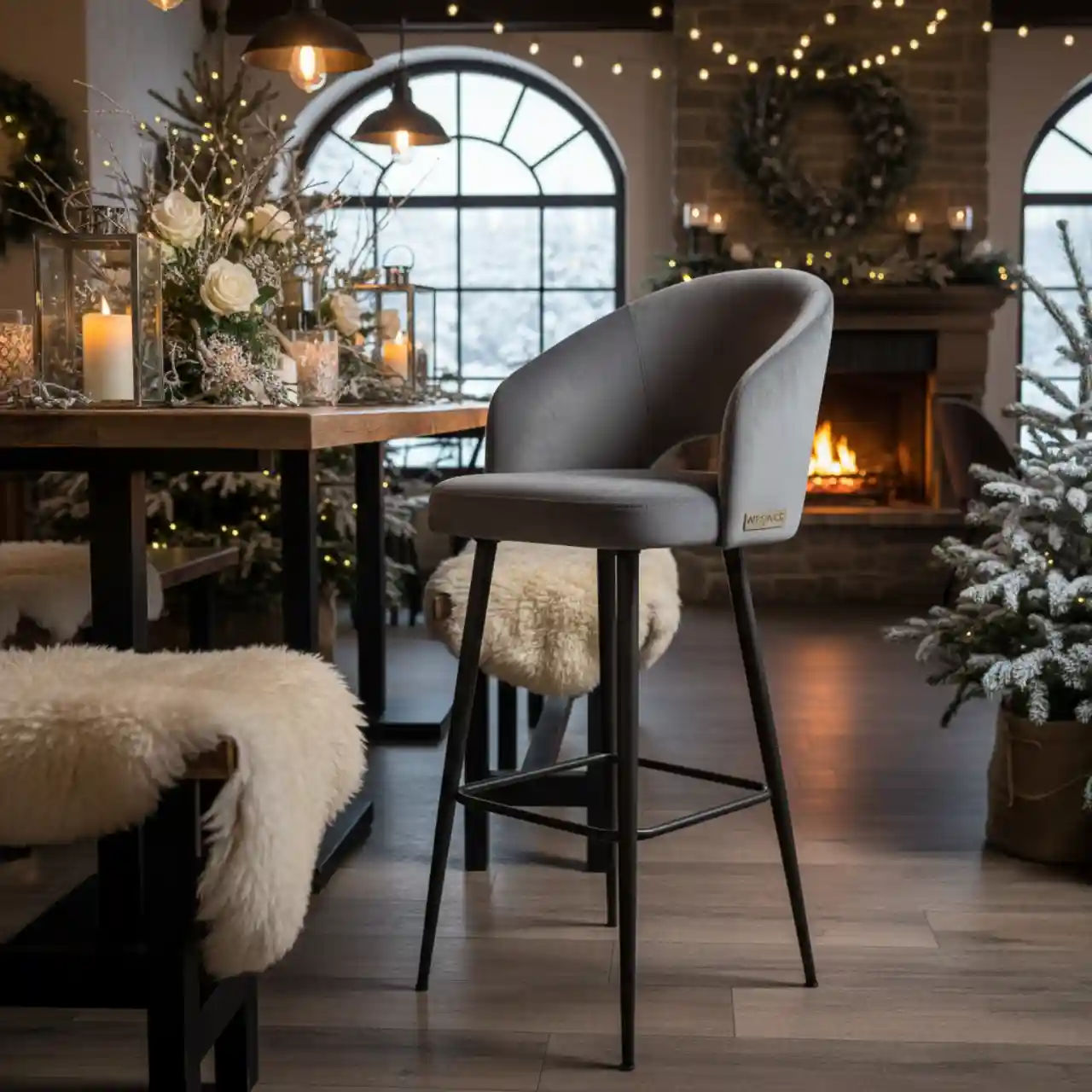 Стул полубарный Меган велюр серый