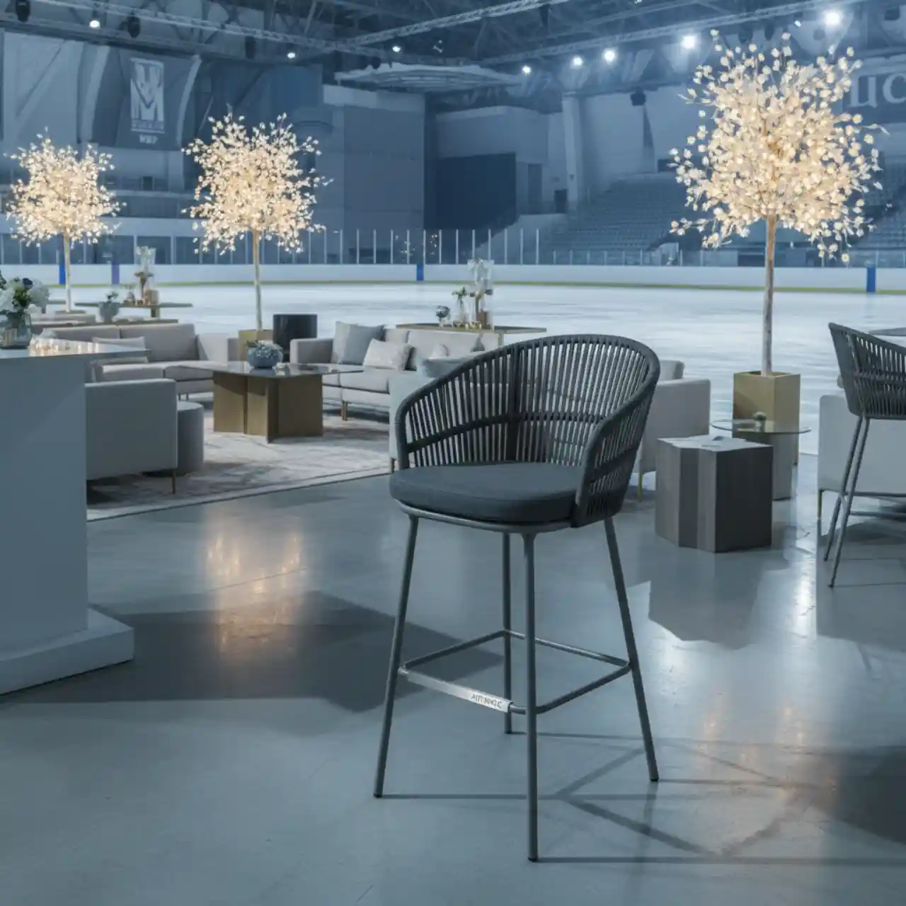 Стул барный плетеный круглый Марсель роуп темно серый каркас серый RAL ткань темно серая