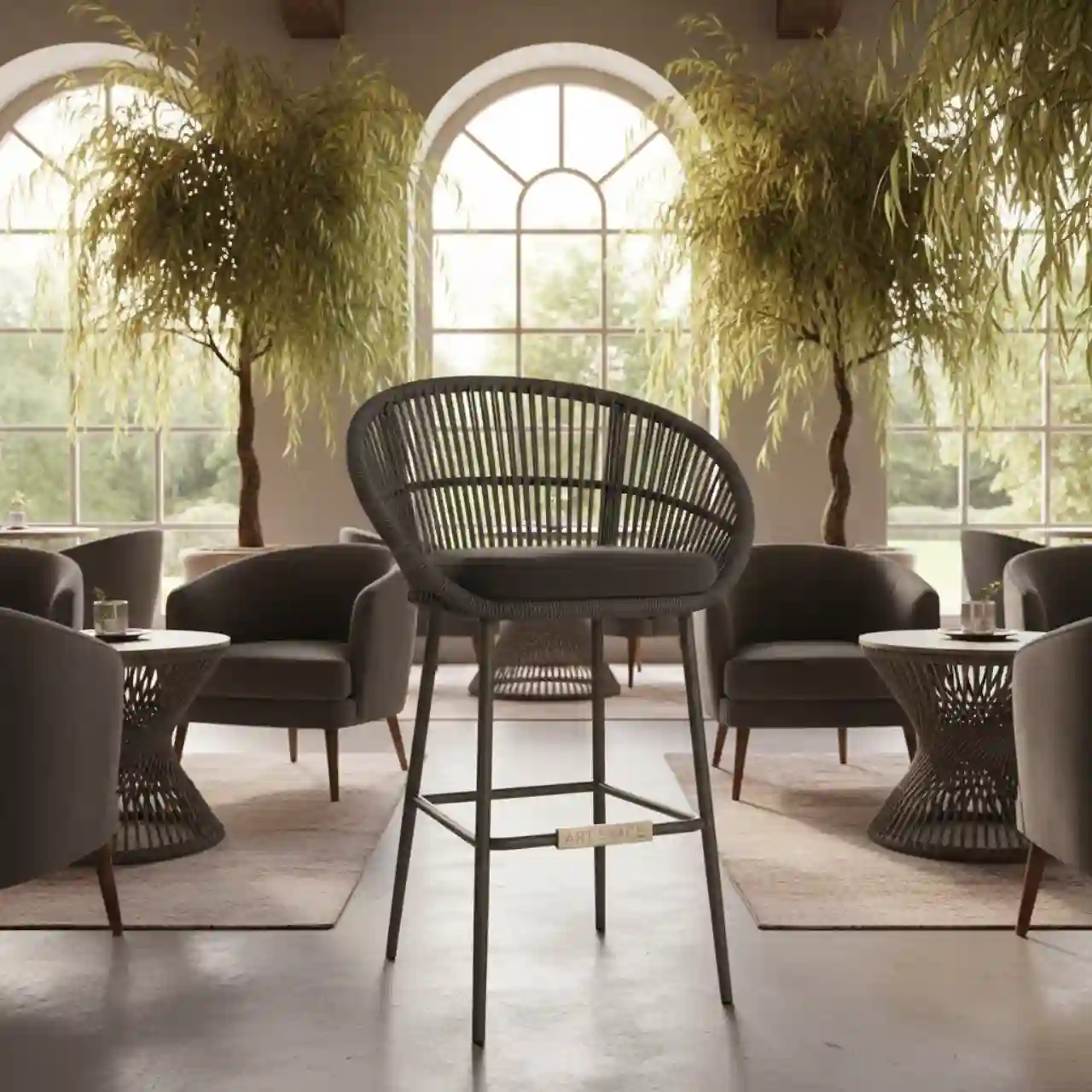 Стул барный плетеный Марсель роуп темно серый круглый каркас серый RAL ткань темно серая