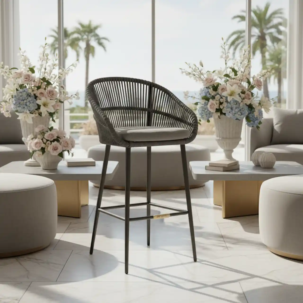 Стул барный плетеный Марсель сталь серый RAL темно серый круглый роуп темно серая ткань