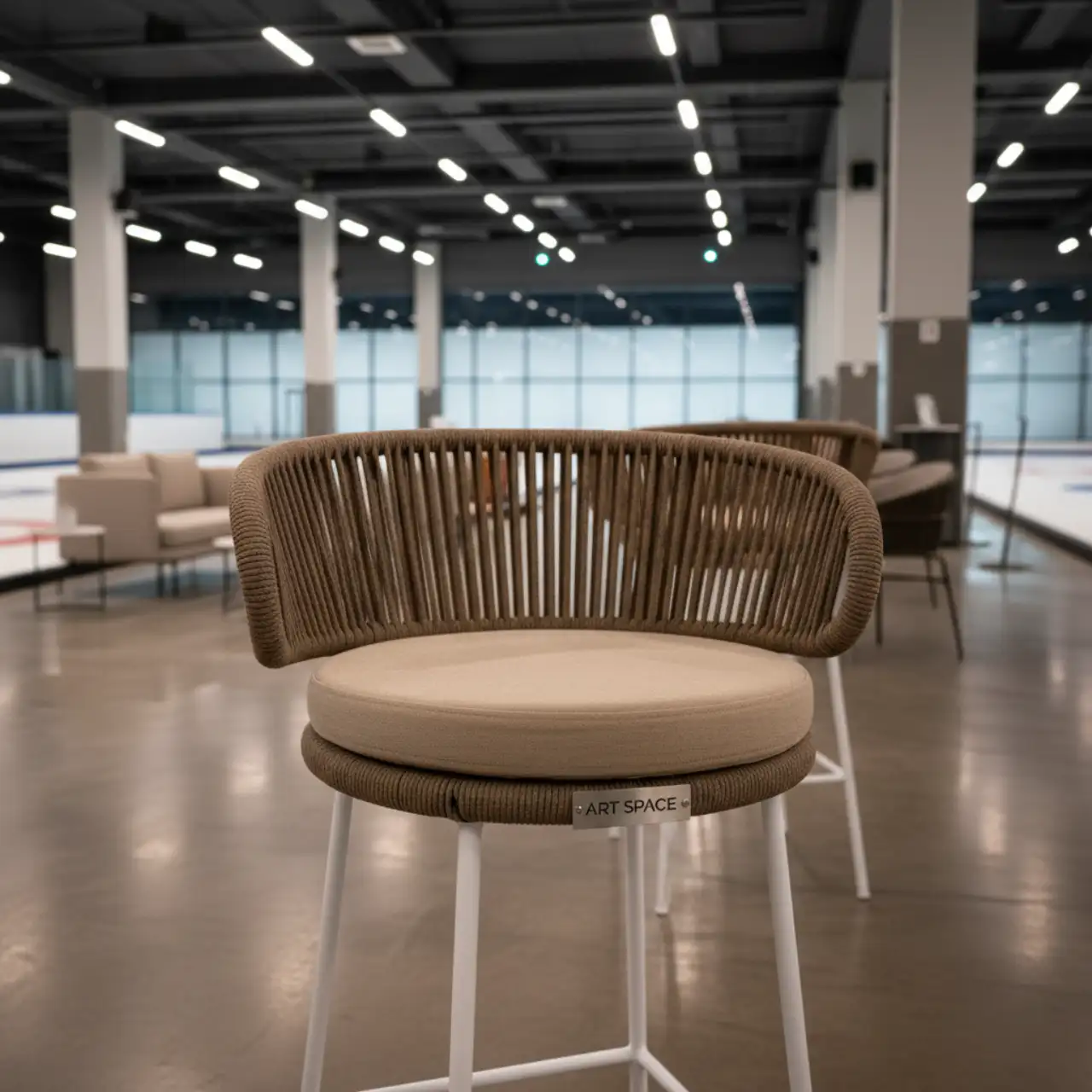 Стул барный плетеный круглый Марсель роуп коричневый каркас белый ткань бежевая