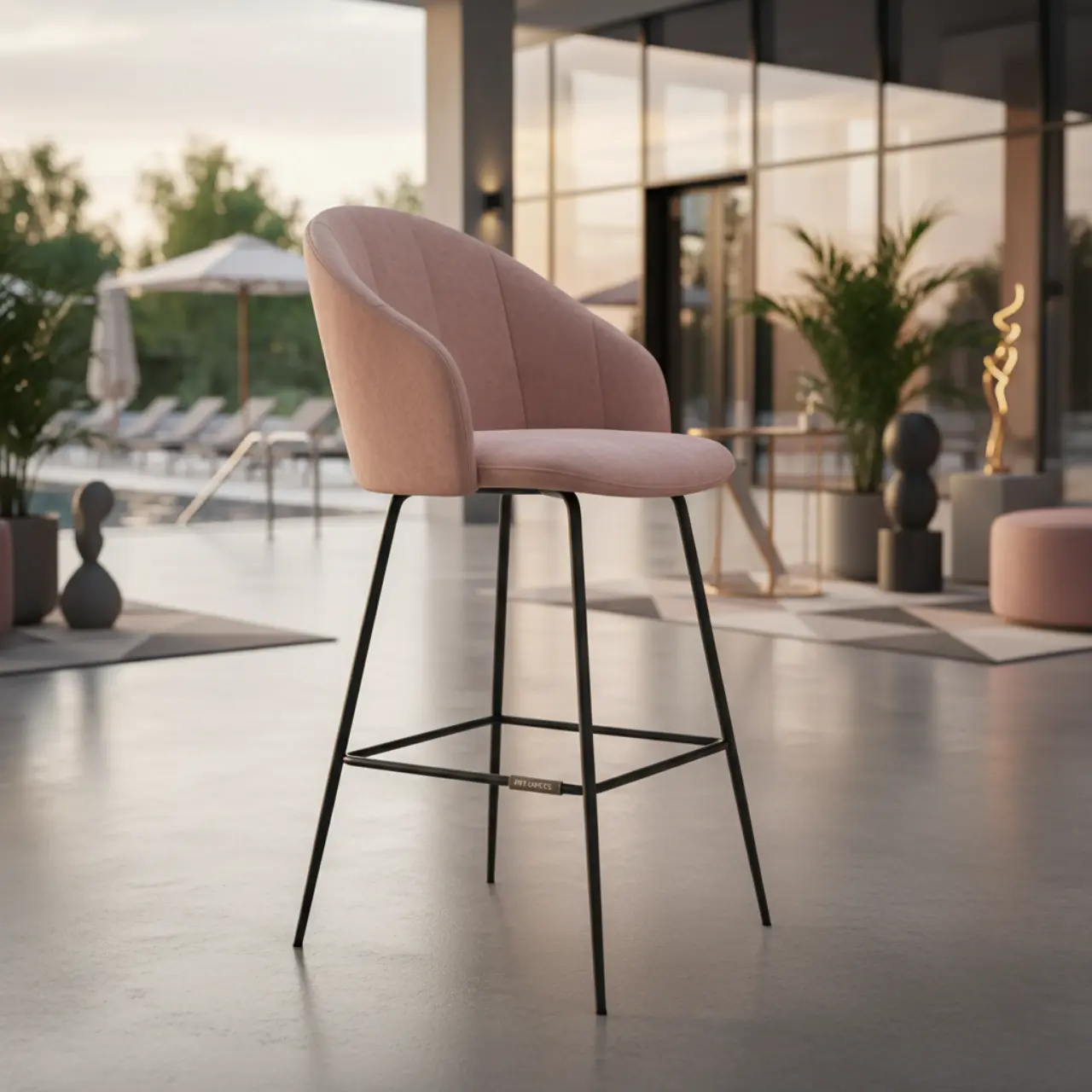 Стул барный мягкий пыльно розовый велюр черный металлический каркас