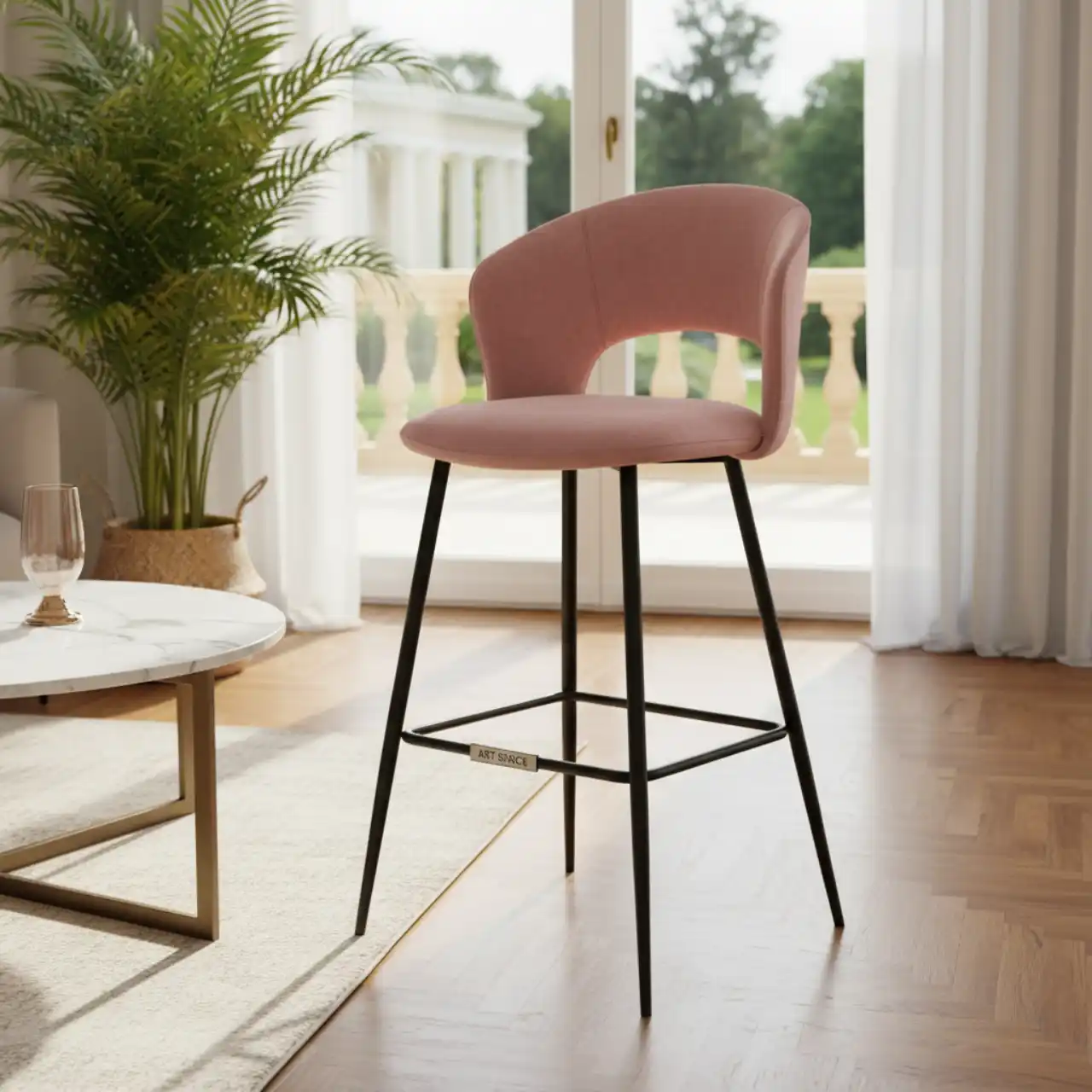 Стул барный мягкий пыльно розовый велюр каркас металл черный