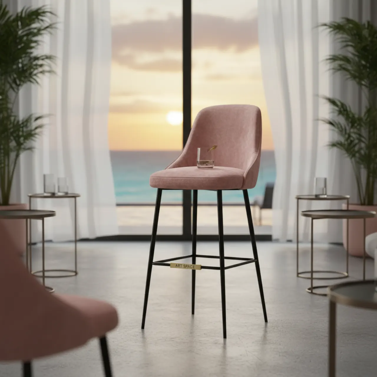 Стул барный мягкий пыльно розовый велюр каркас черный металл