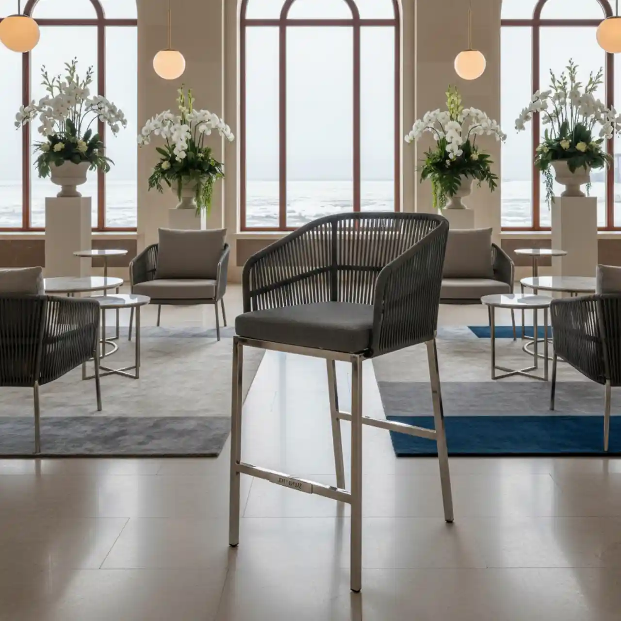 Стул барный Марсель каркас сталь роуп темно серый ткань темно серая