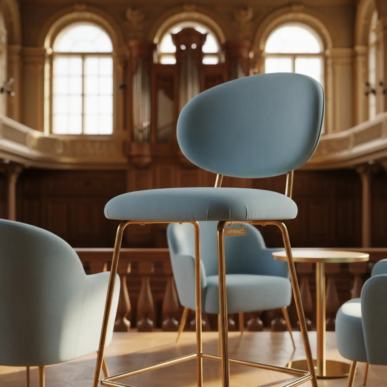 Стул барный Mars голубой велюр Романтика ножки металл золото