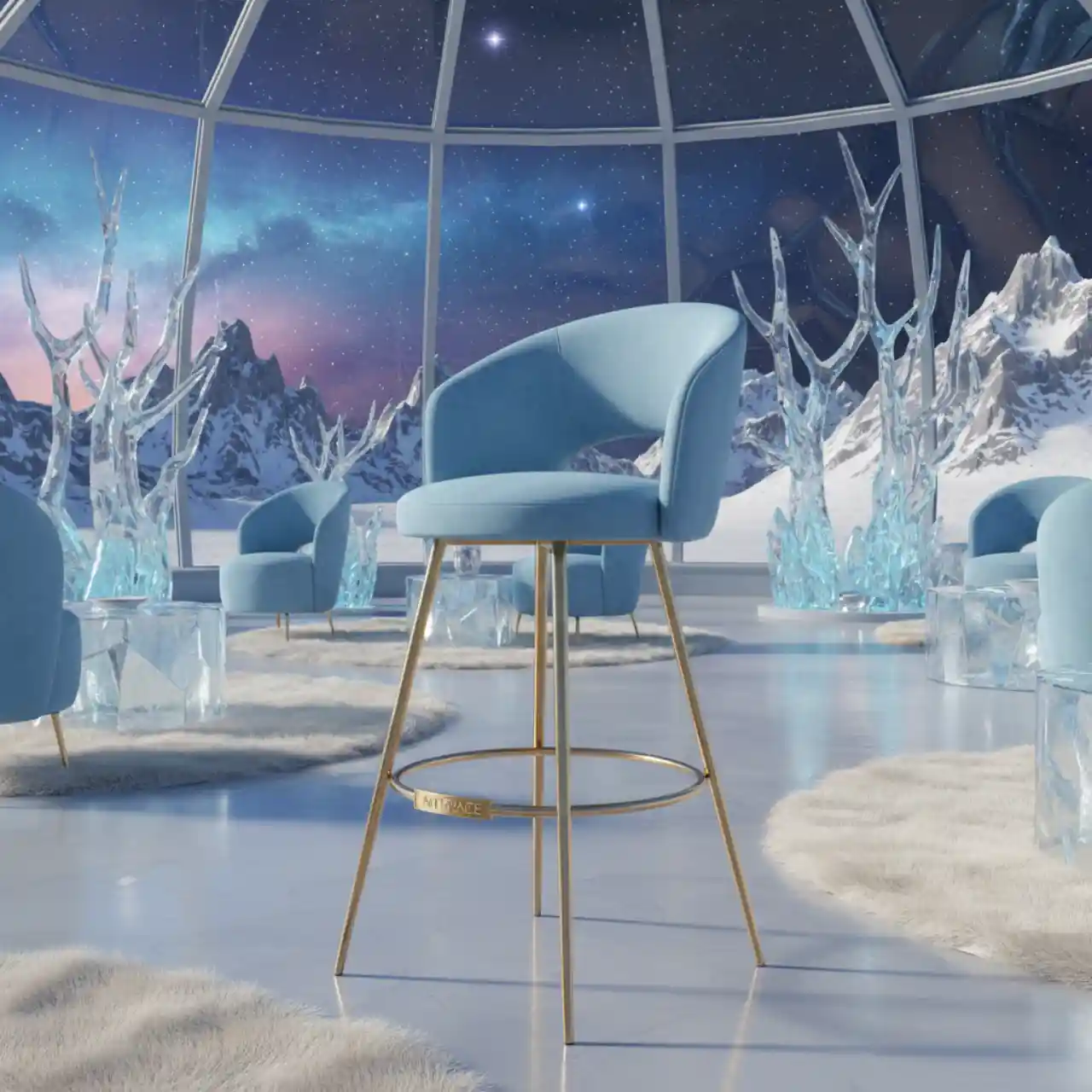 Стул барный Mars велюр голубой Романтика металл золото