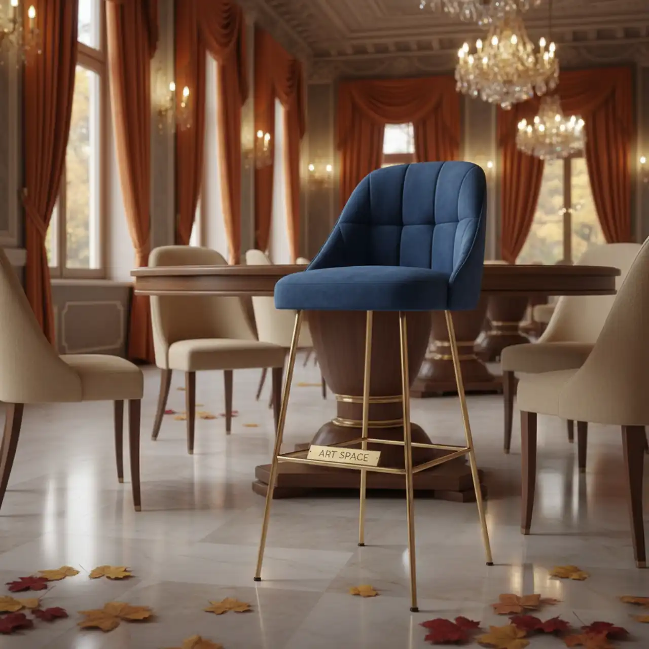 Стул барный Mars велюр Романтика голубой золотые металлические ножки