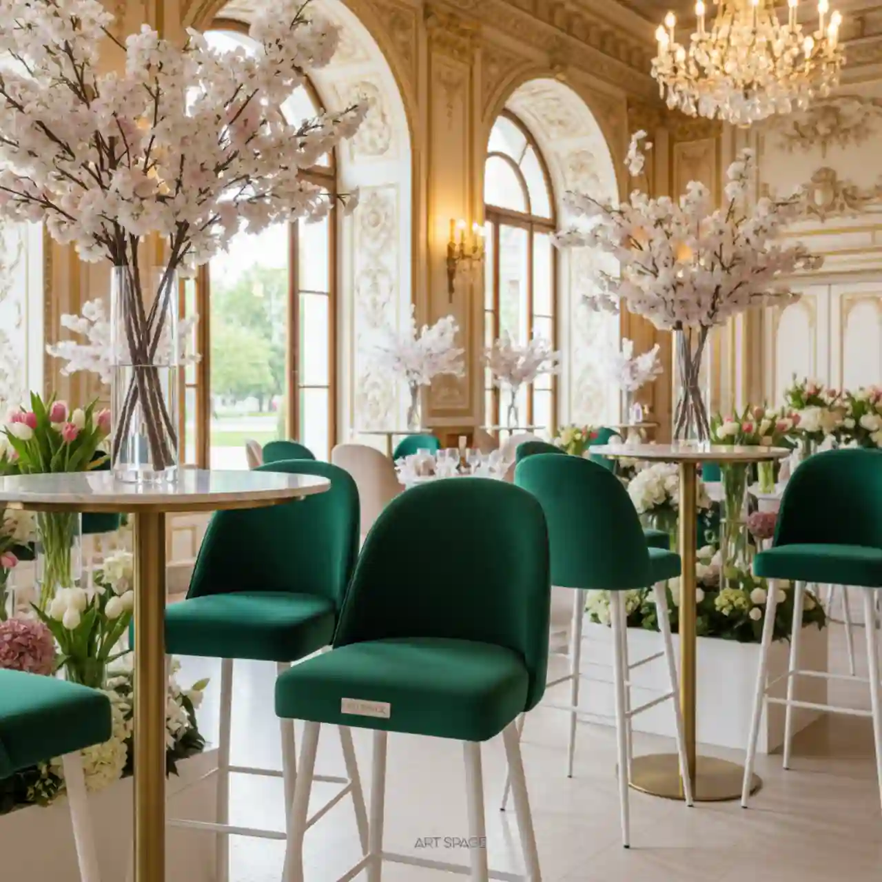 Стул барный Kongsberg велюр зеленый ножки белые