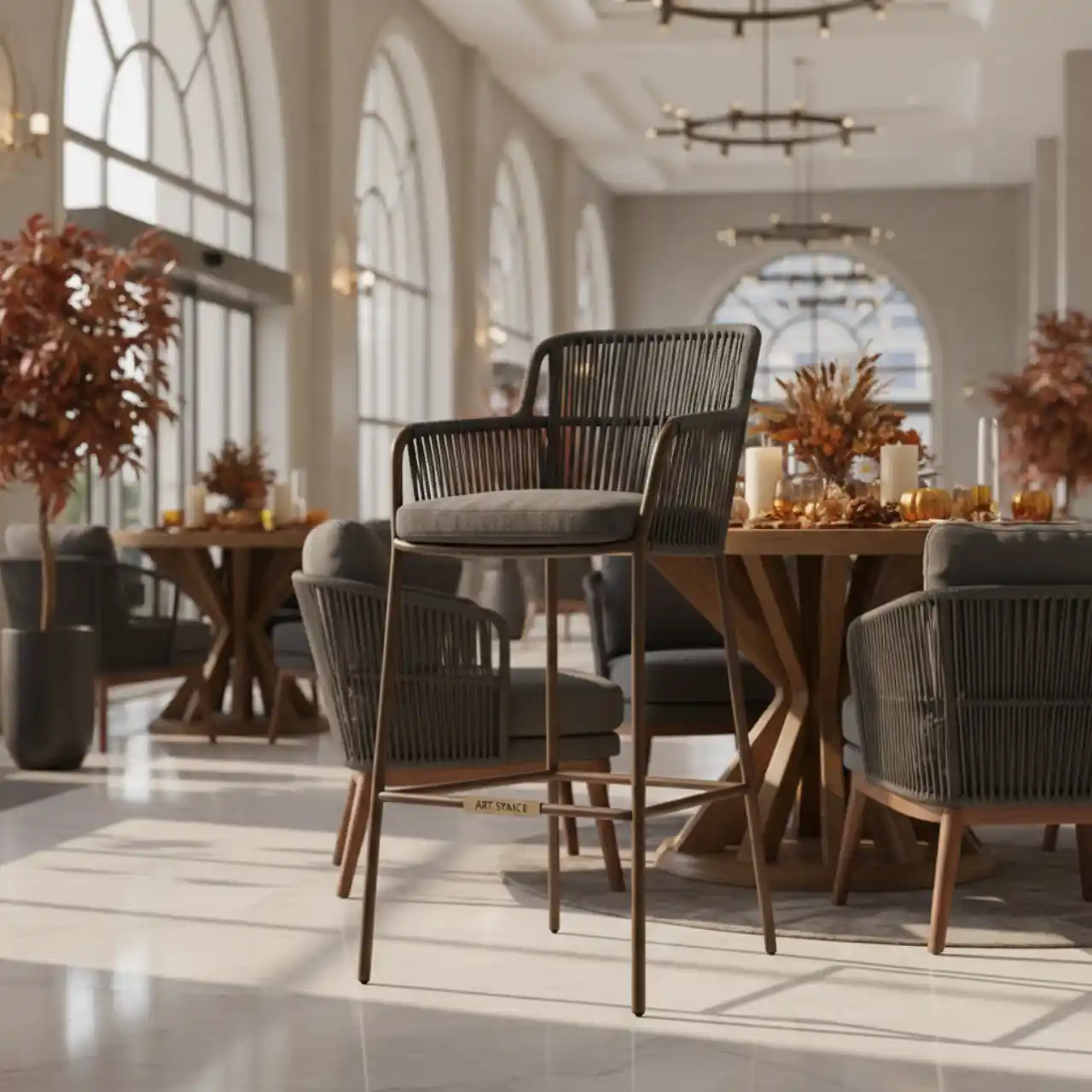 Барный стул Марсель сталь коричневый роуп темно серая ткань