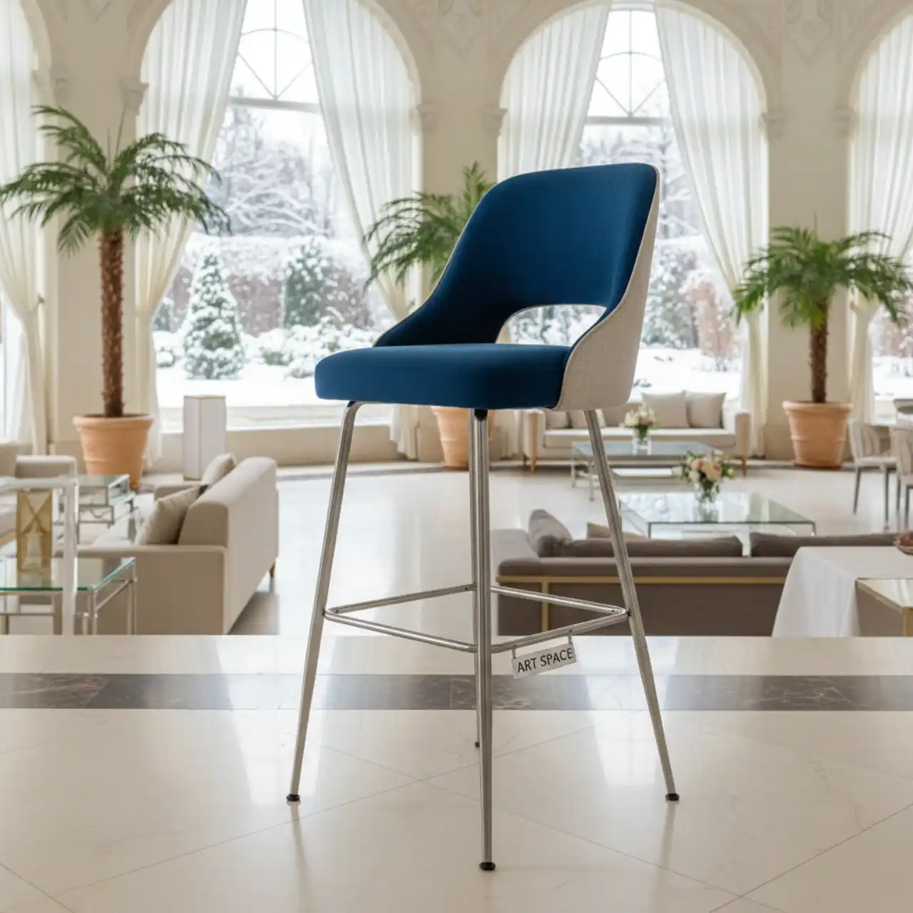 Барный стул Маллин велюр голубой Curtier ocean белый Curtier linen металлические ножки