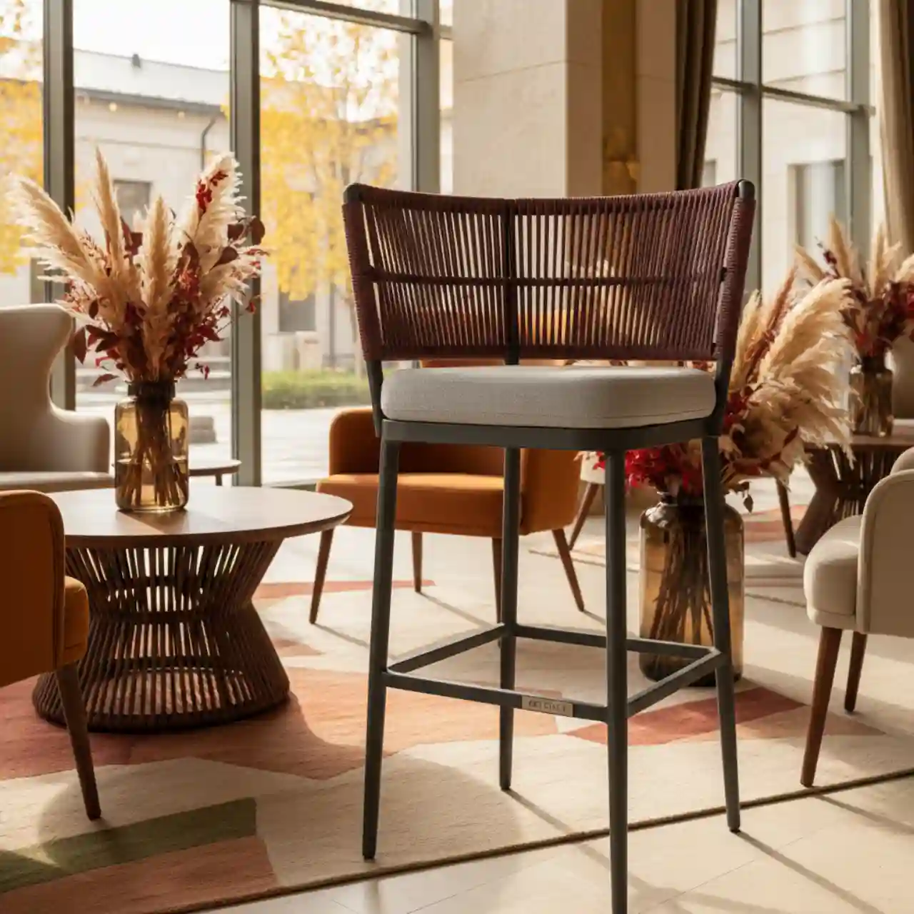 Барный стул Бордо плетеный из роупа стальной каркас RAL7022 роуп 15 мм ткань серая