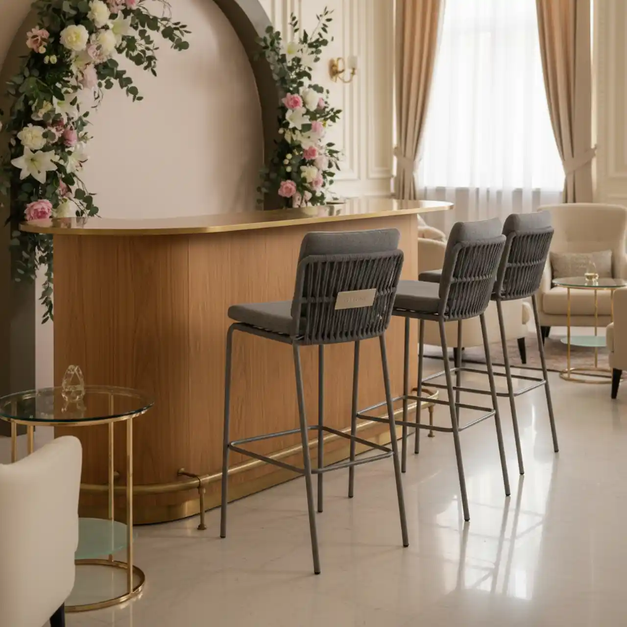 Барный стул Бордо плетеный каркас сталь серый роуп серая ткань