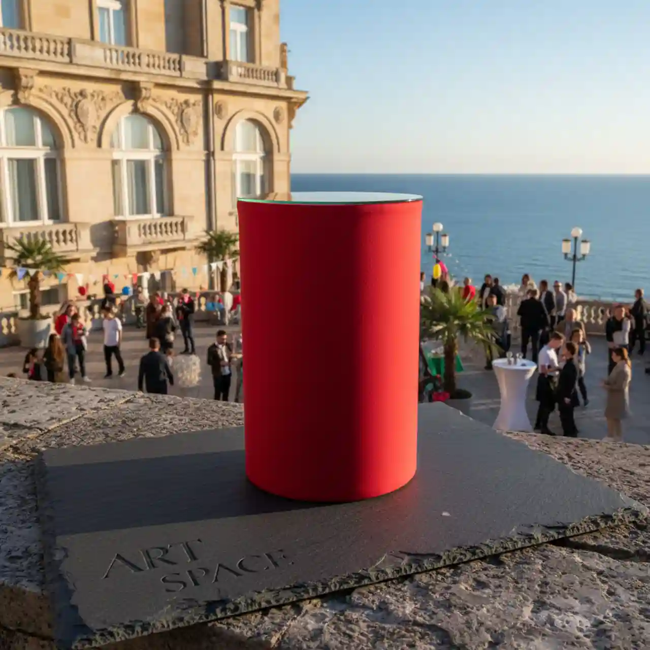 Столы коктейльные БОЧКА с красным чехлом и СТЕКЛЯННОЙ столешницей.