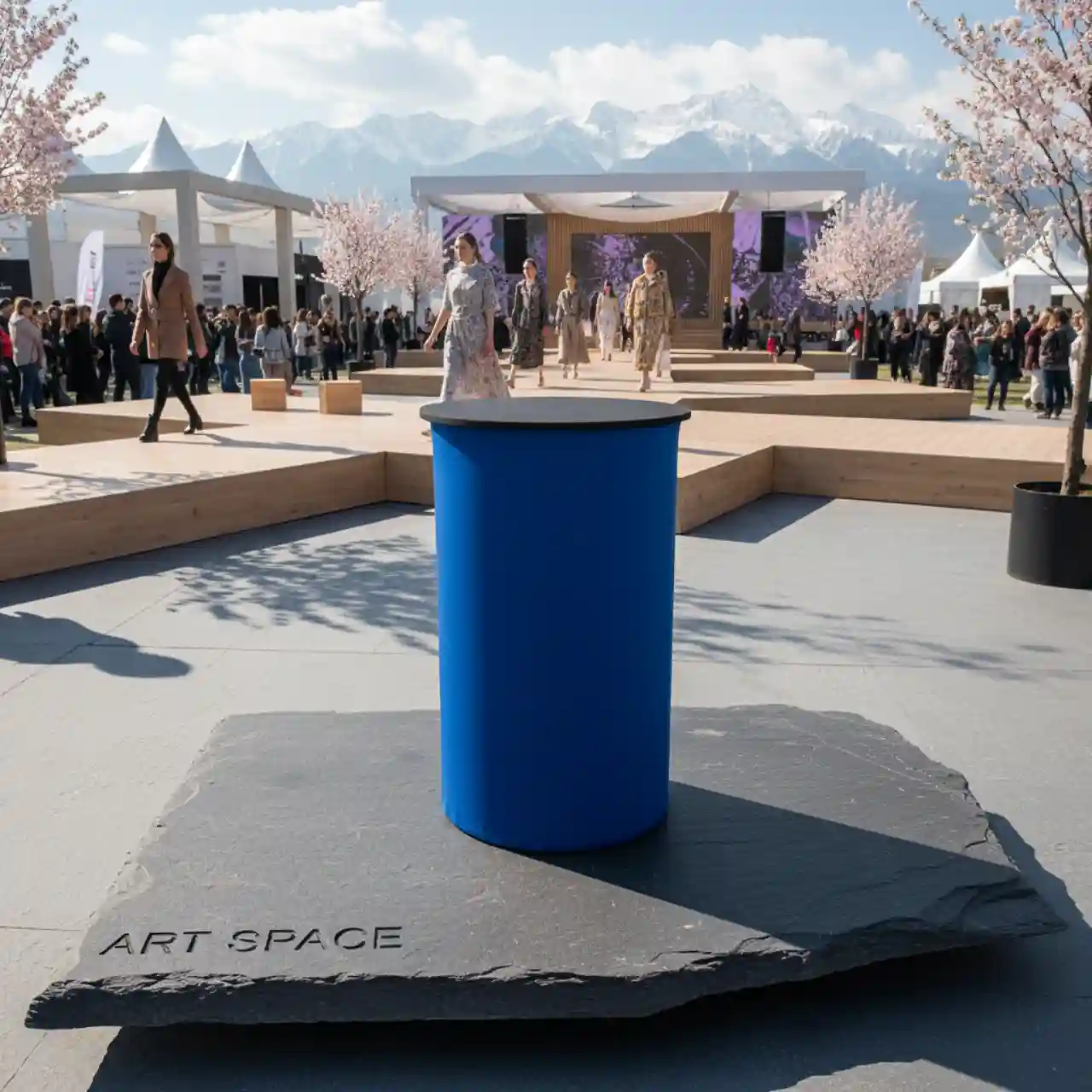 Столы коктейльные БОЧКА с синим чехлом и столешницей МДФ черного цвета