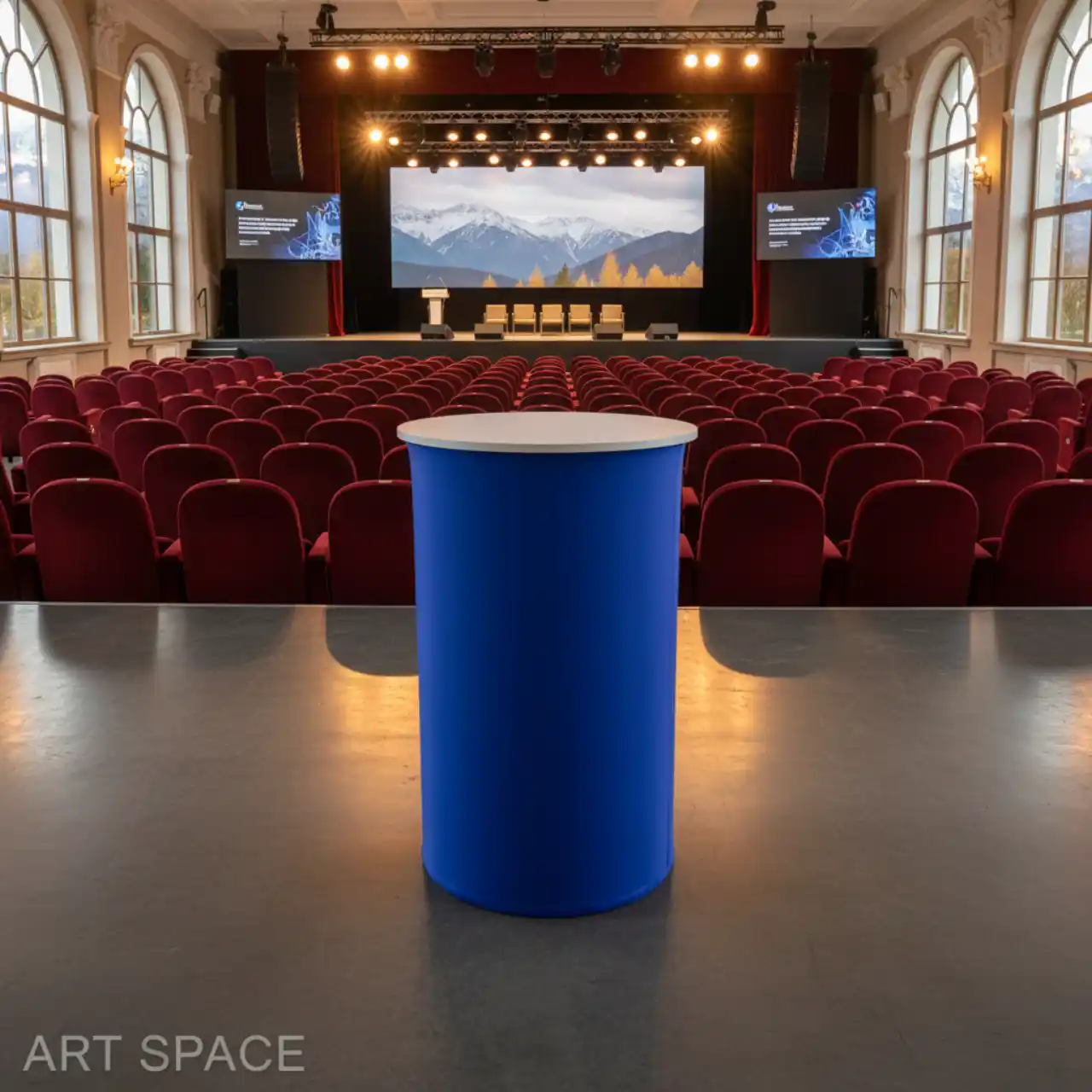 Столы коктейльные БОЧКА с синим чехлом и столешницей МДФ белого цвета