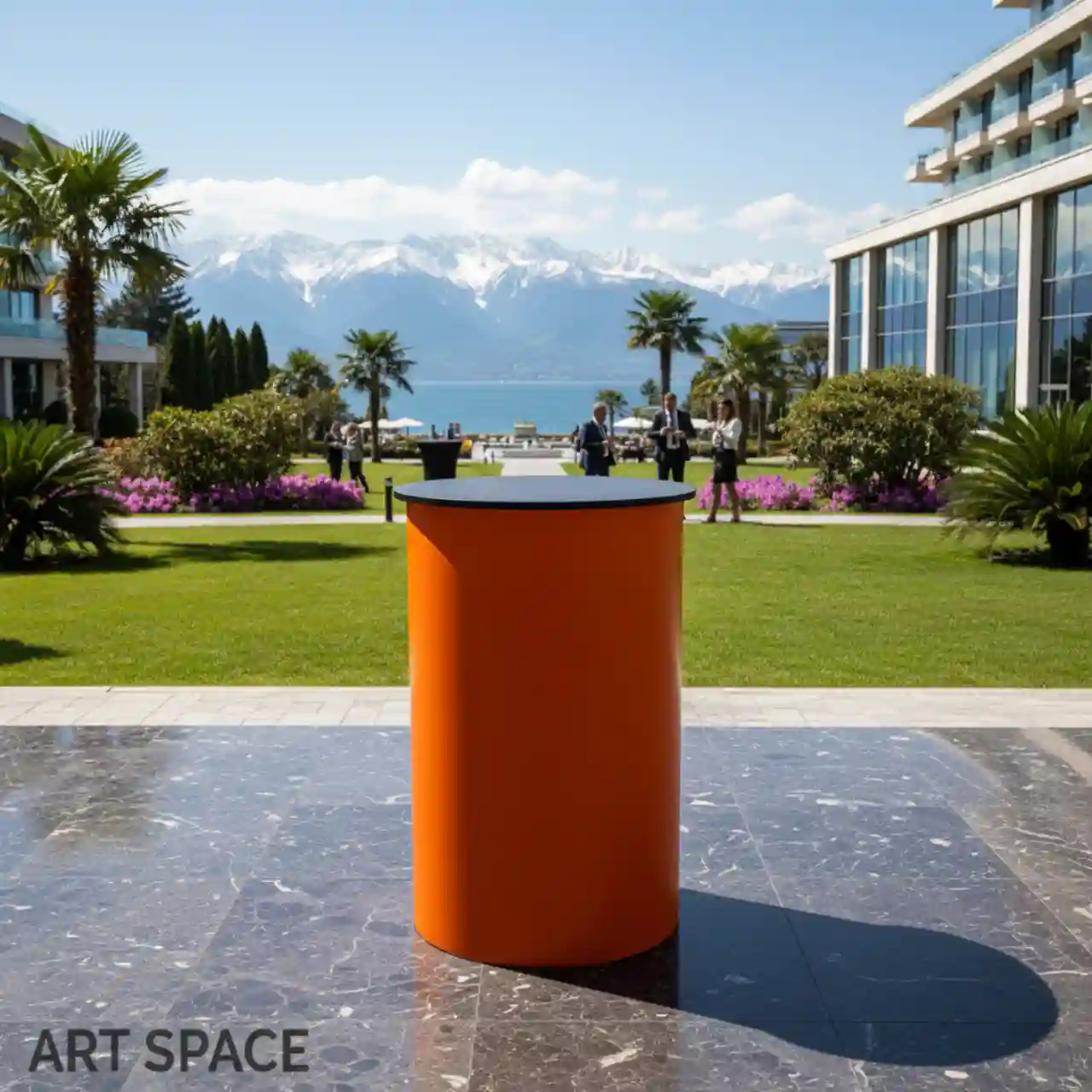 Столы коктейльные БОЧКА с оранжевым чехлом и столешницей МДФ черного цвета