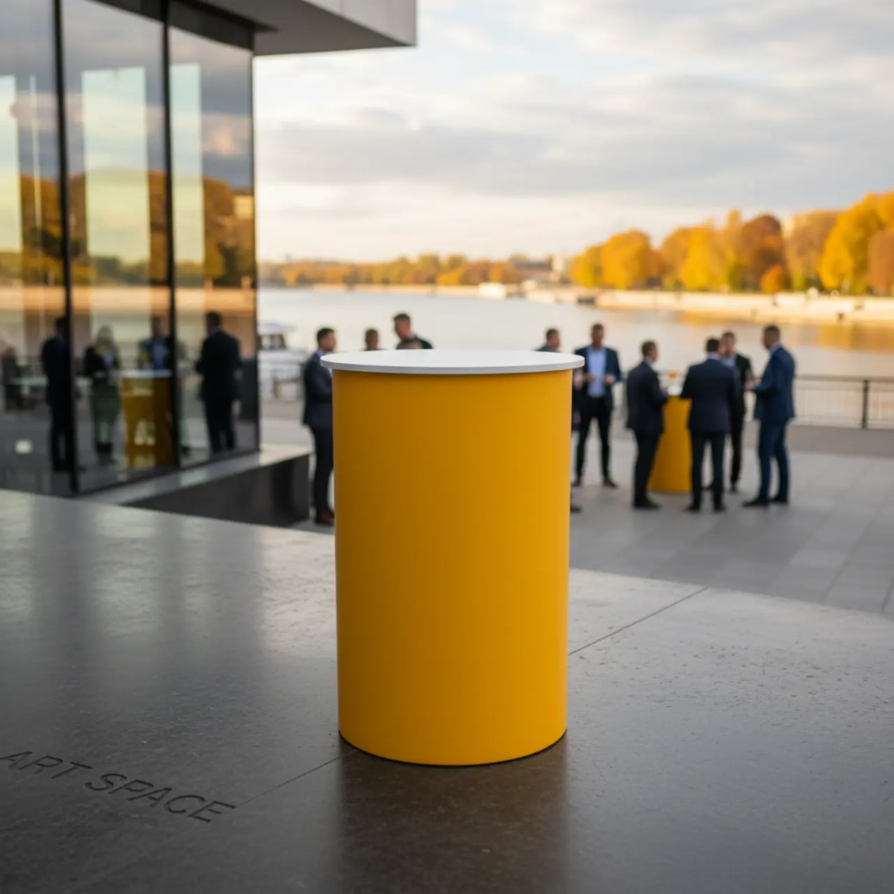 Столы коктейльные БОЧКА с желтым чехлом и столешницей МДФ белого цвета