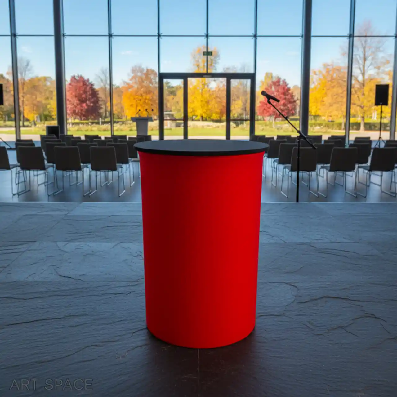 Столы коктейльные БОЧКА с красным чехлом и столешницей МДФ черного цвета