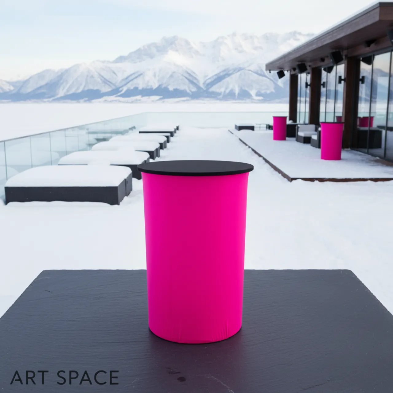 Столы коктейльные БОЧКА с розовым чехлом и столешницей МДФ черного цвета