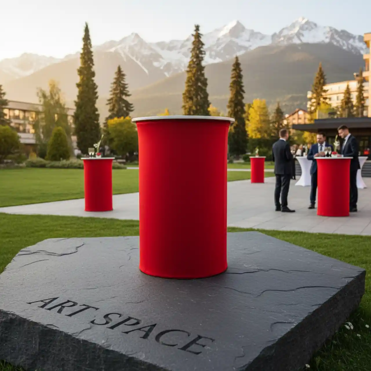 Столы коктейльные БОЧКА с красным чехлом и столешницей МДФ белого цвета