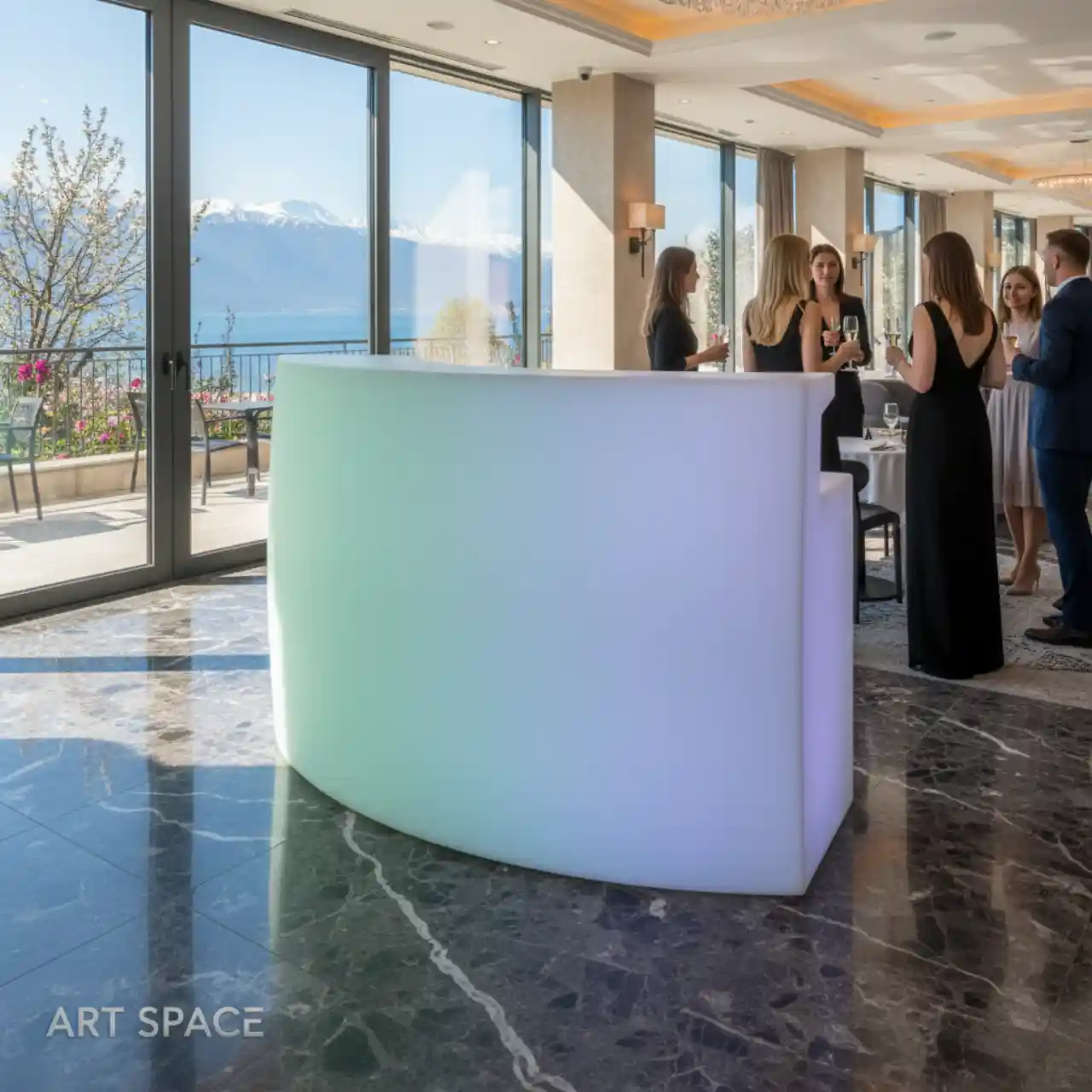 Стойки светящиеся РАДИУСНЫЕ модель v2 ресепшен LED RGBW подсветка, стойки ресепшен, БАРНЫЕ, промо стойки, для регистрации гостей. Для УЛИЦЫ и помещения.