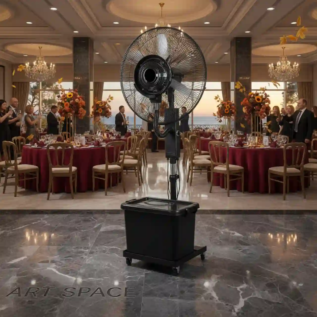 Вентиляторы с распылением воды ПРОМЫШЛЕННЫЕ увлажнители – охладители помещений. Для помещений и улицы в сухую погоду. Материал: металл, пластик