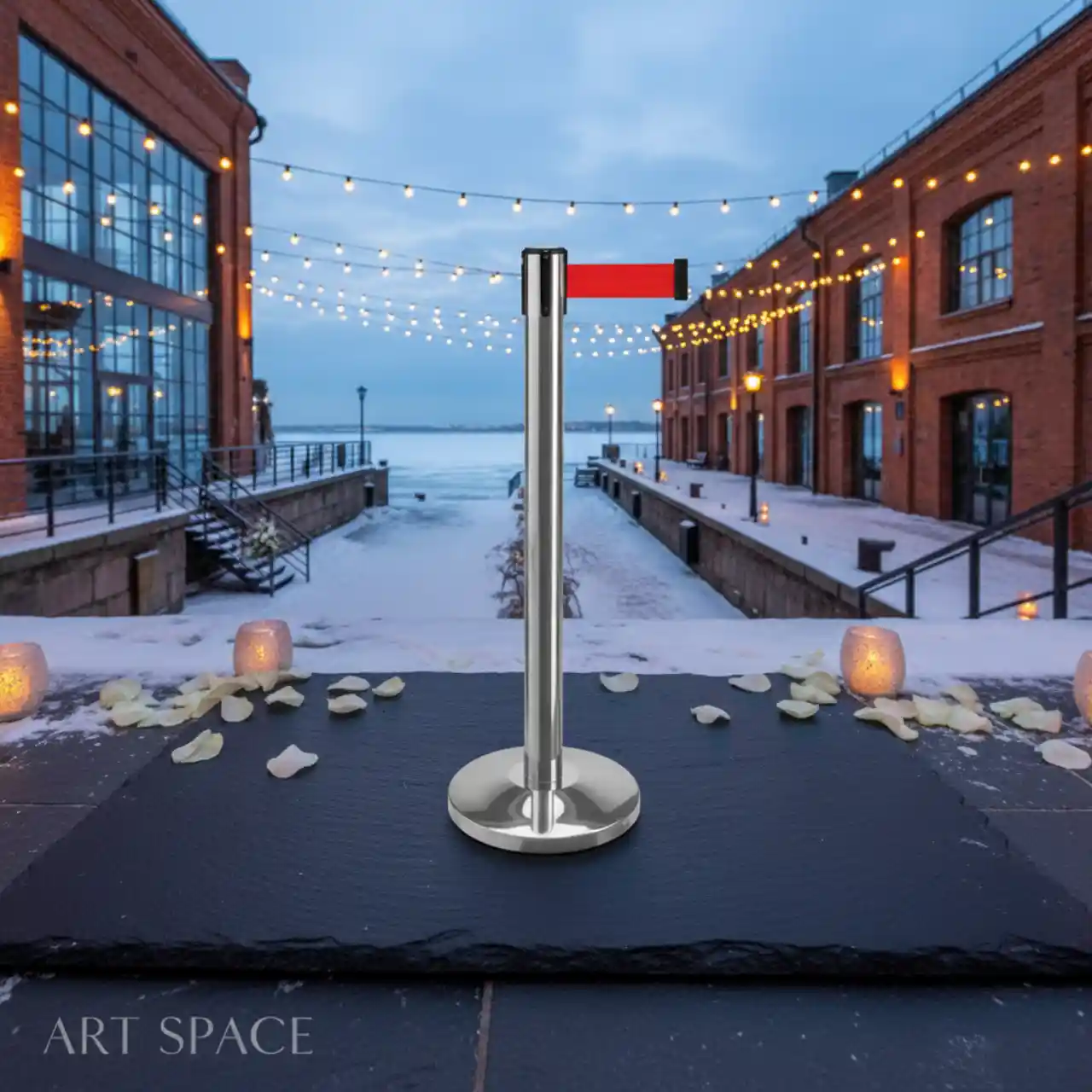 Стойки ограждения (столбики) СЕРЕБРЯНОГО цвета, вытяжная ЛЕНТА