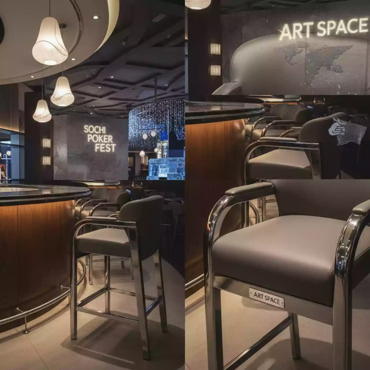 Аренда Барный стул Лагер с подлокотниками серая кожа в ледовом дворце «Роза Хутор» — ART SPACE