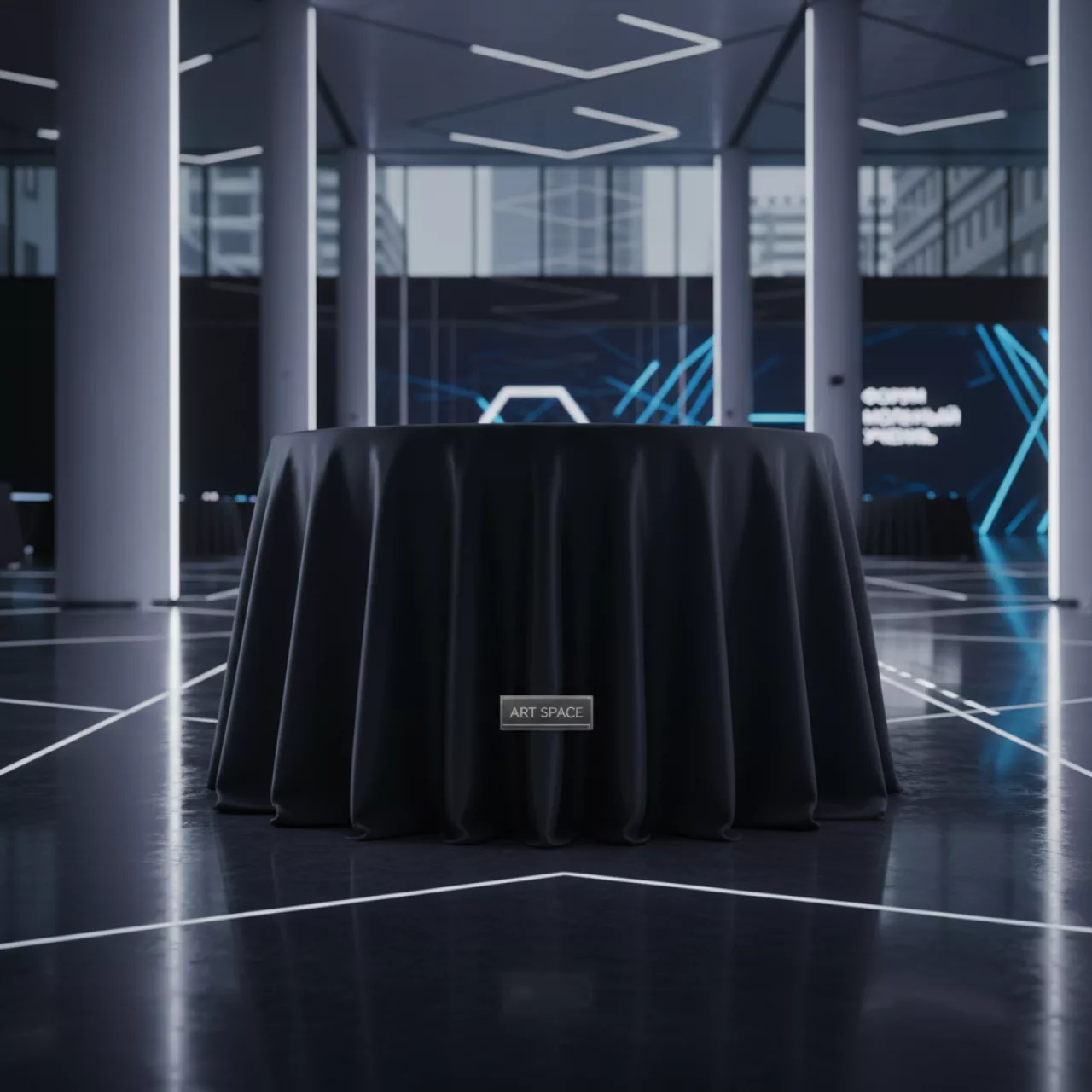 Аренда Чехол стрейч с юбкой для круглого стола D 120 см чёрный в Gamma Sirius — ART SPACE