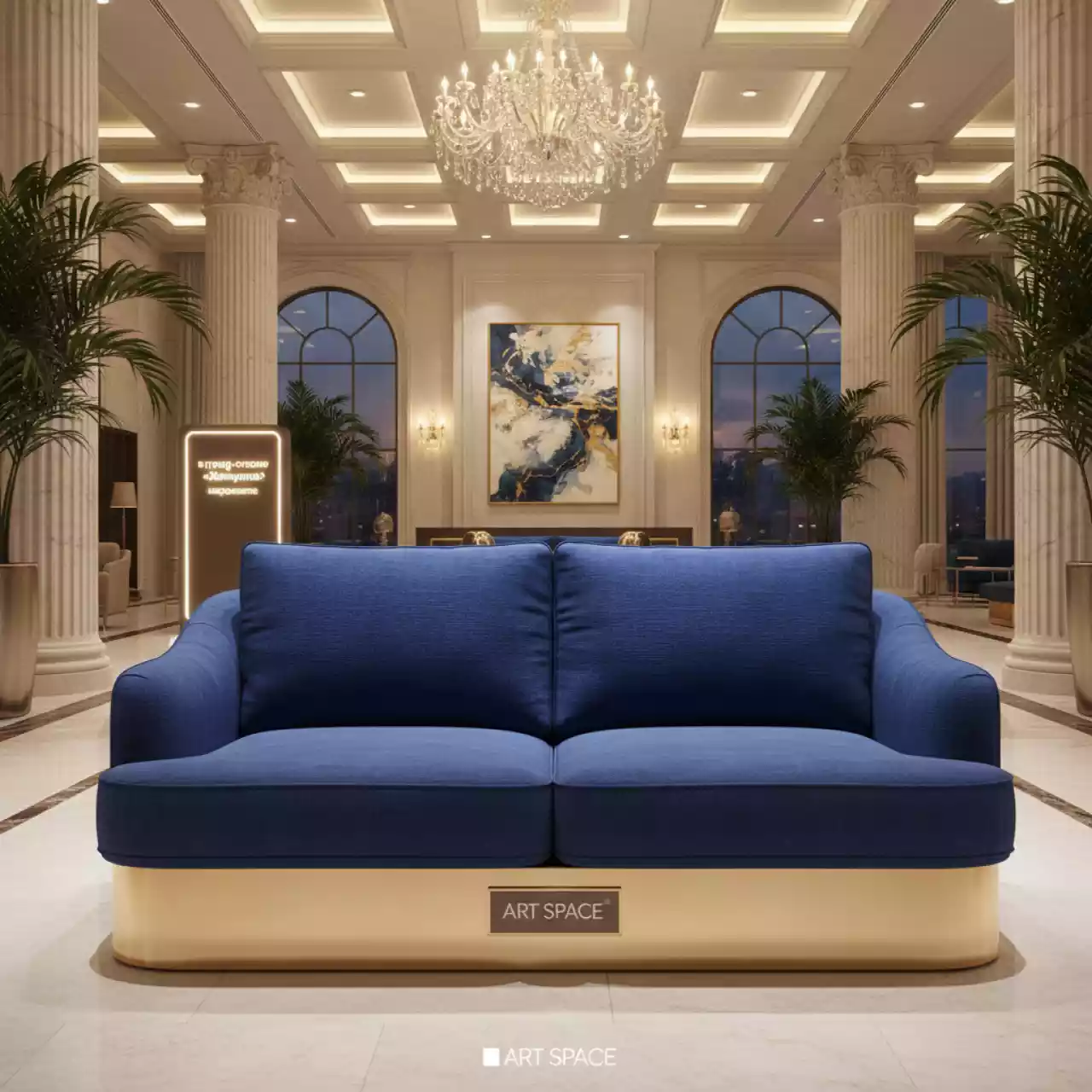 Аренда Диван двухместный синий Mendoza с золотым основанием в гранд-отеле «Жемчужина» — ART SPACE