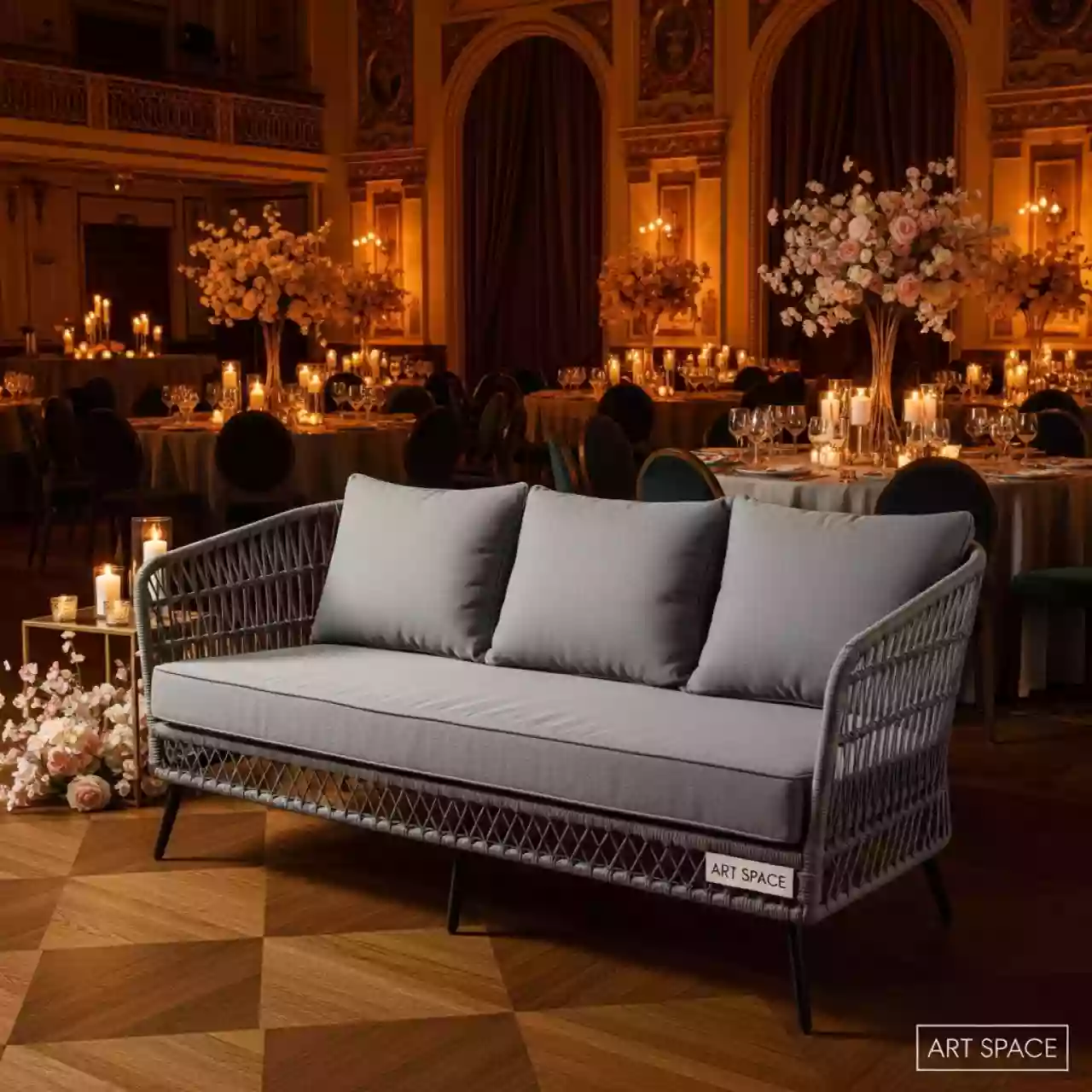 Аренда Диван из искусственного ротанга YH C3515W gray в Ледовом дворце «Айсберг» — ART SPACE