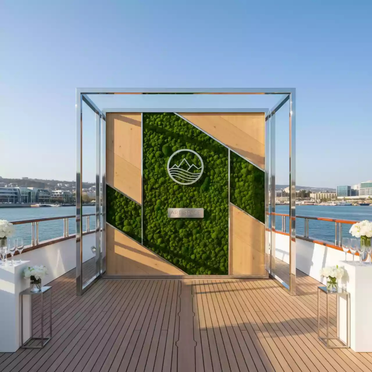 Аренда Фотозона Северная мох деревянный фон логотипы на VIP-яхте (Имеретинский порт) — ART SPACE