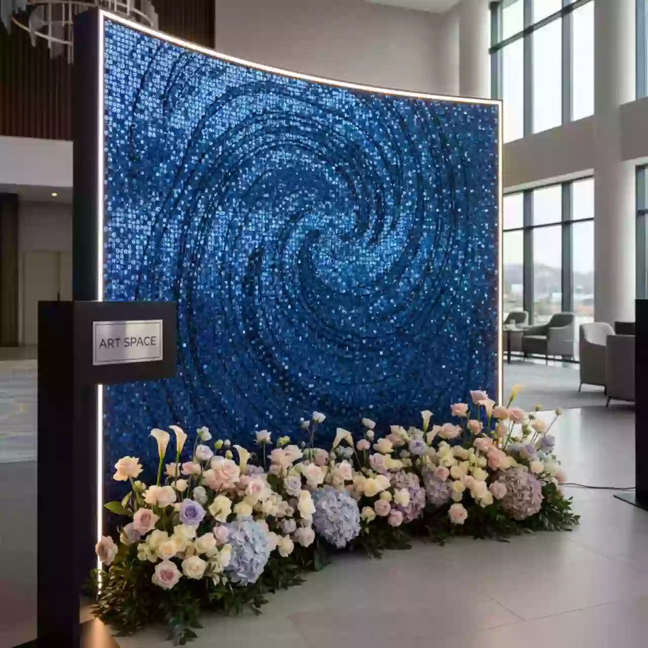 Аренда Фотозоны из синих пайеток с цветами в Radisson Blu Resort & Congress Centre — ART SPACE